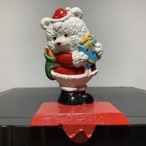 Vintage Holiday Traditions Hand Painted Cast Iron Stocking Holder Santa Bear 5" - Picture 2 of 7